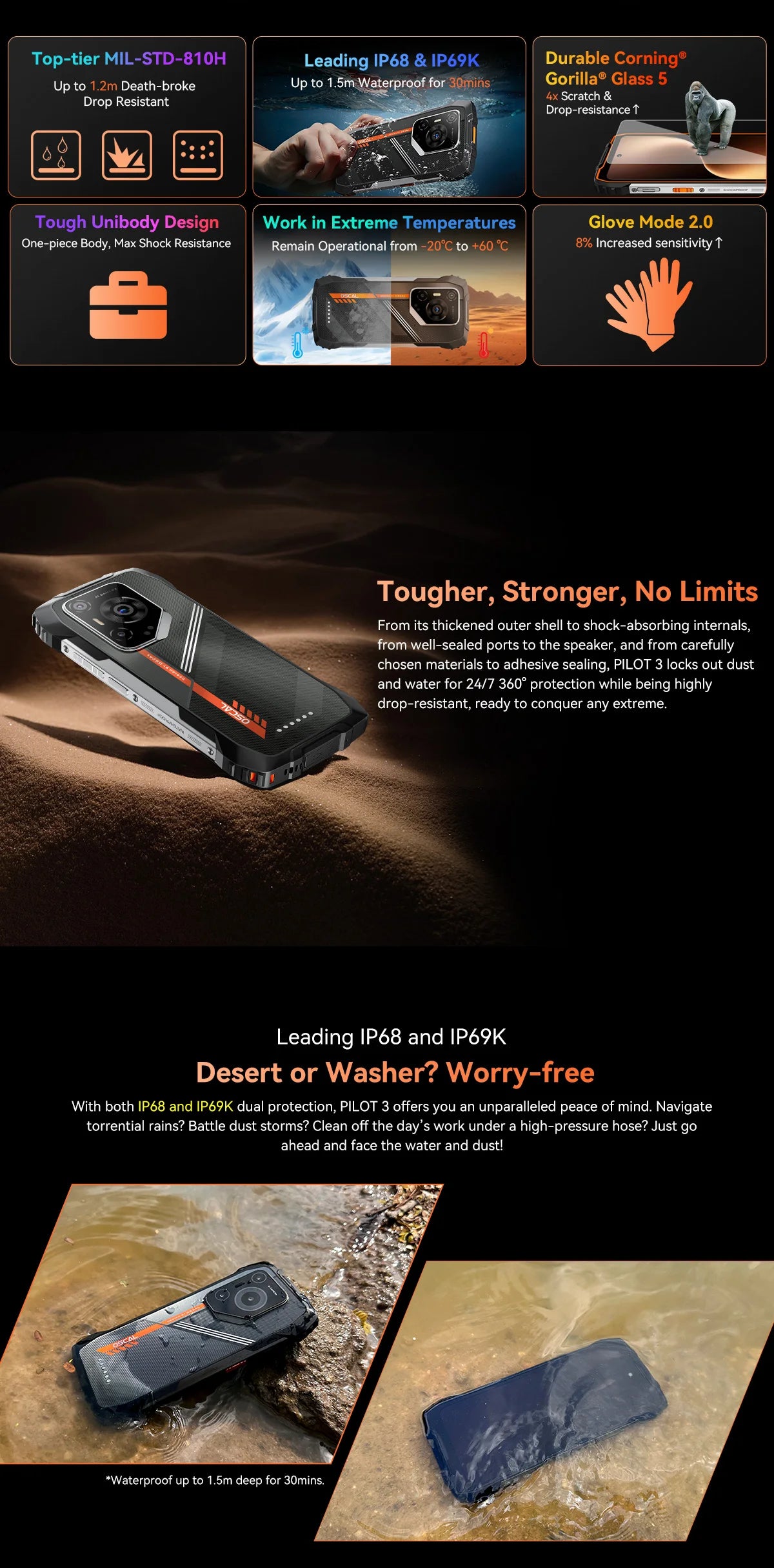 Blackview OSCAL PILOT 3 5G AI Rugged Smartphone MTK 6300, 6.78" 2.4K Display 120Hz, 12GB 256GB, 7500Amh Battery Phone,Android15
