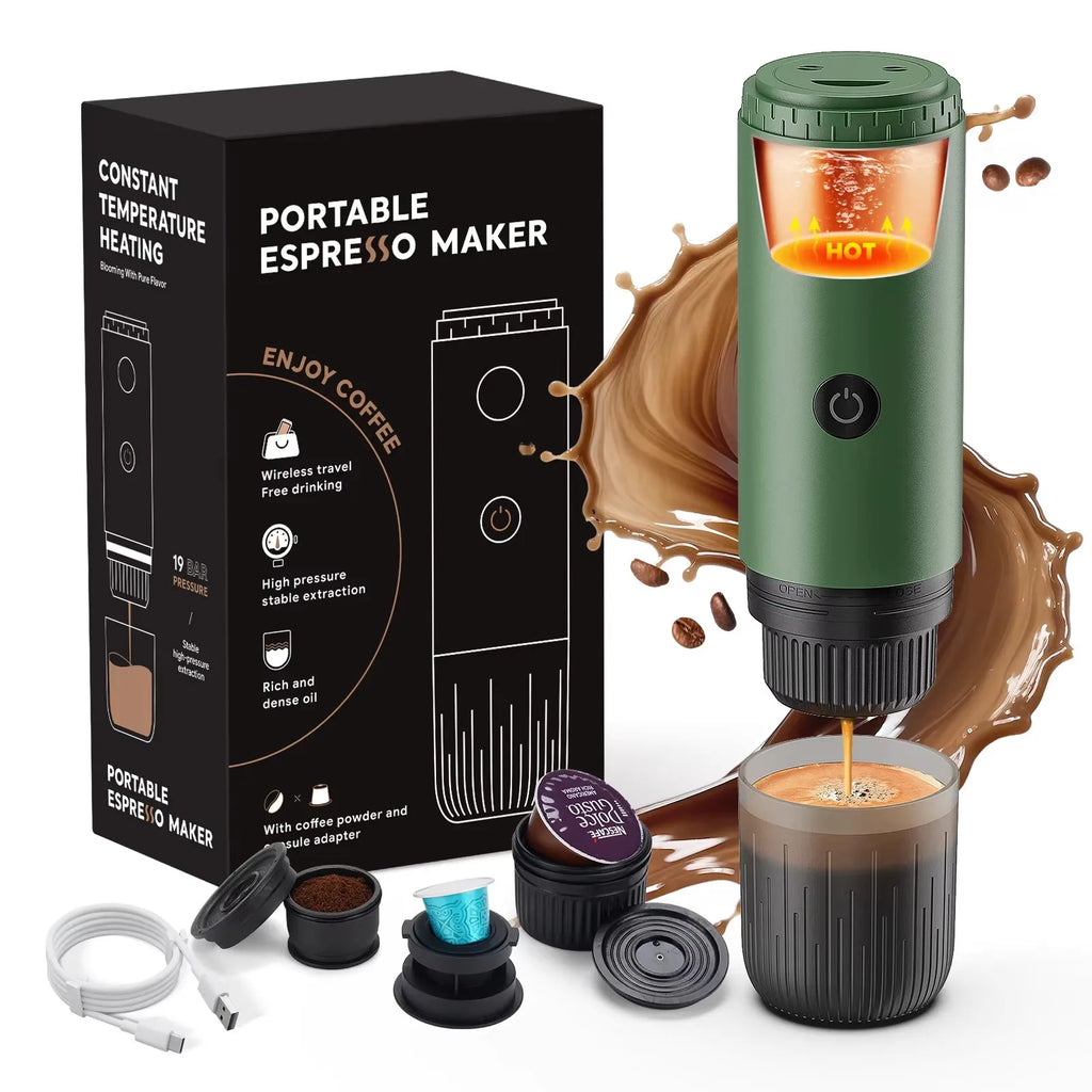 Green portable 19-bar espresso maker with travel cup and capsule adapter for Nescafé Dolce Gusto and coffee grounds.