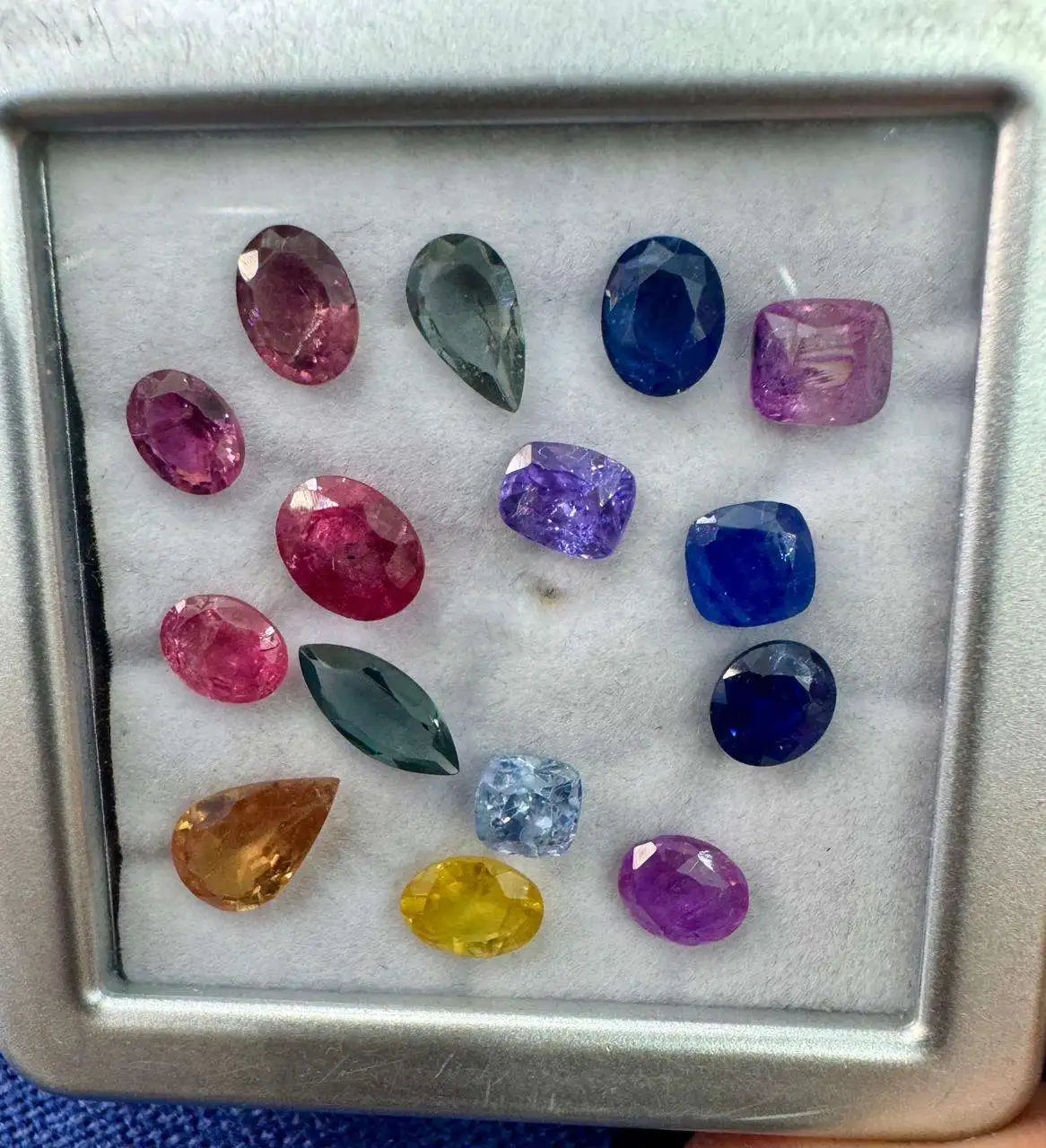 Natural sapphire gemstone mix, multicolor faceted stones in square metal tray