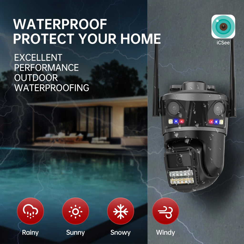 Three Lens Outdoor 6K HD WIFI IP Camera Three Screen PTZ Camera AI Human Detection IP66 Waterproof CCTV Video Surveillance ICsee