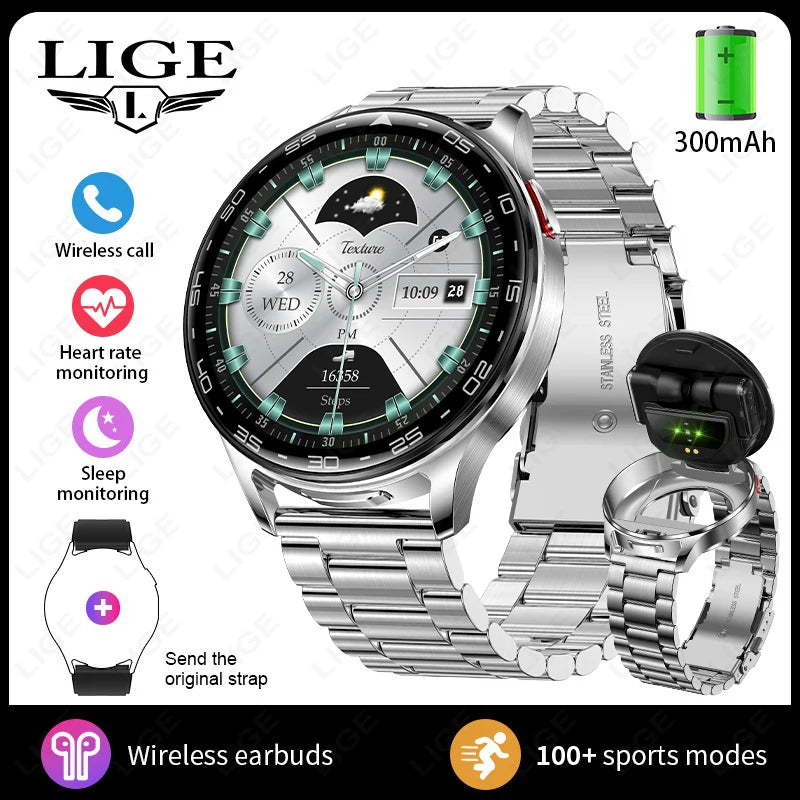 Silver smartwatch with silver metal bracelet and wireless earbuds in charging stand