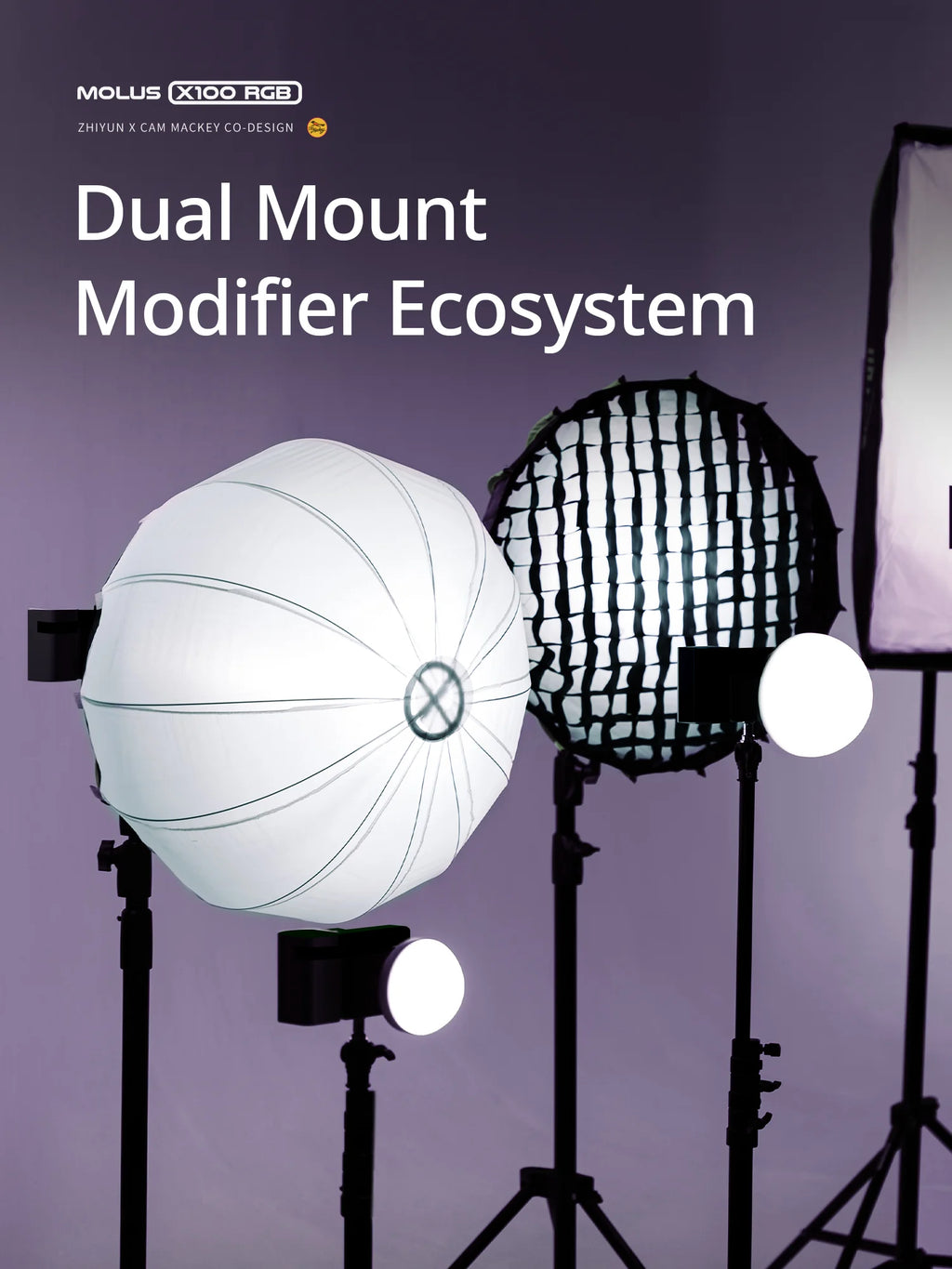 Dual-mount modifier lighting system with a white dome diffuser, black grid reflector, and compact LED video lights.