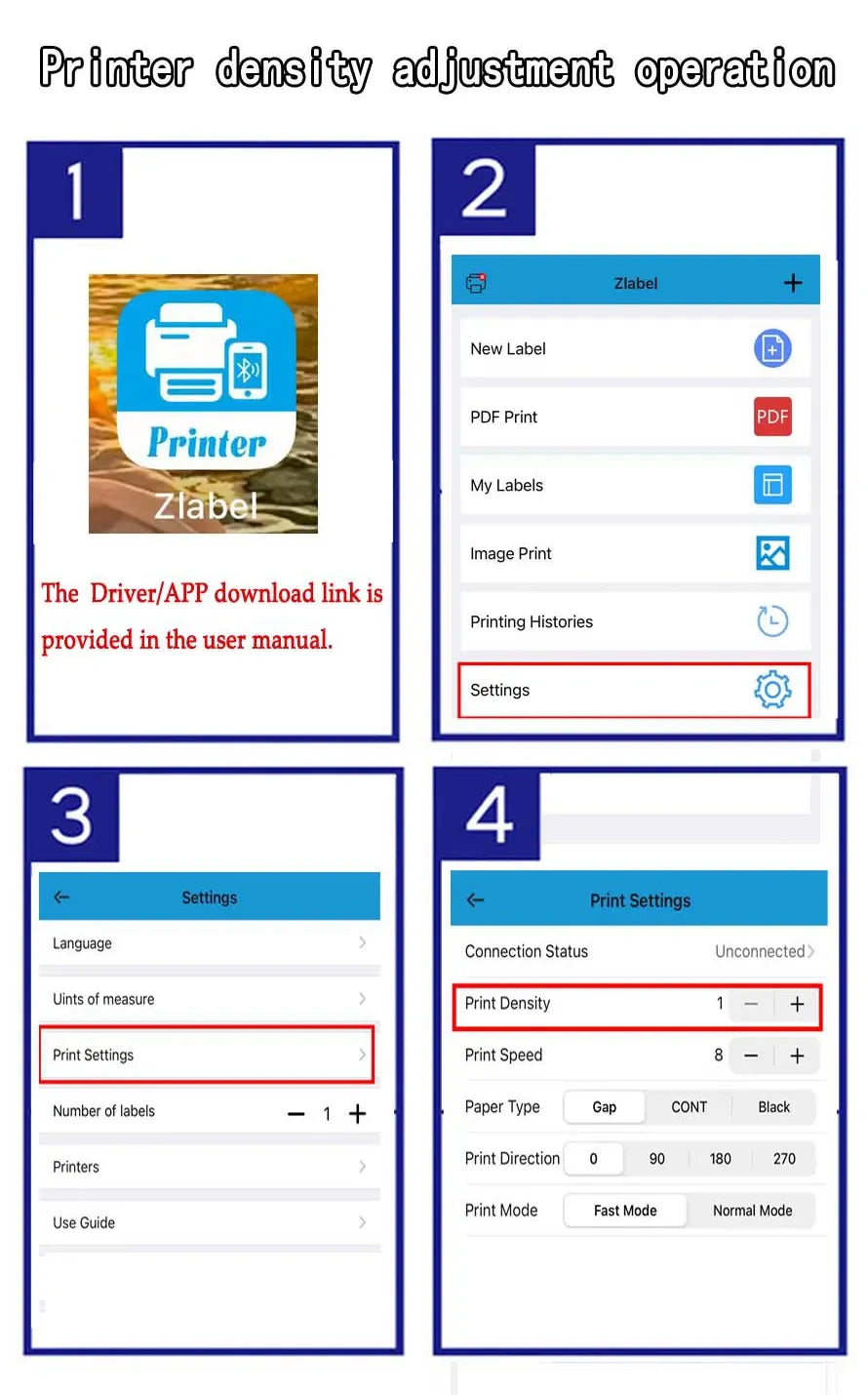 Printer app screens for adjusting print density, speed, and thermal label settings
