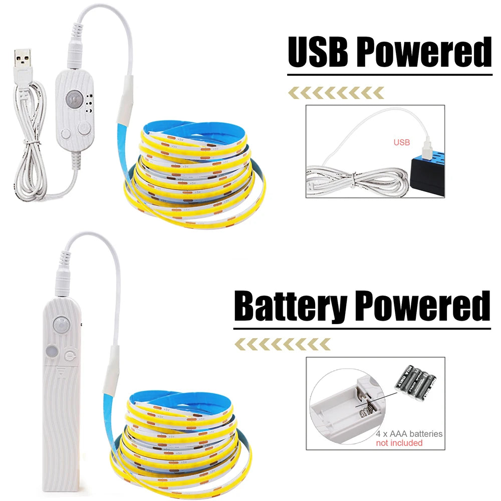 5V Motion Sensor LED COB Light Strip Human Induction USB/Battery Powered Flexible Lamp Under Cabinet Stairs Wardrobe Nightlights