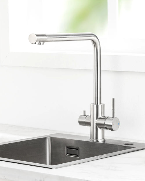Brushed stainless steel kitchen sink faucet with two handles and tall swivel spout