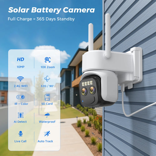 Wall-mounted white solar WiFi camera with two antennas and IR LEDs on front