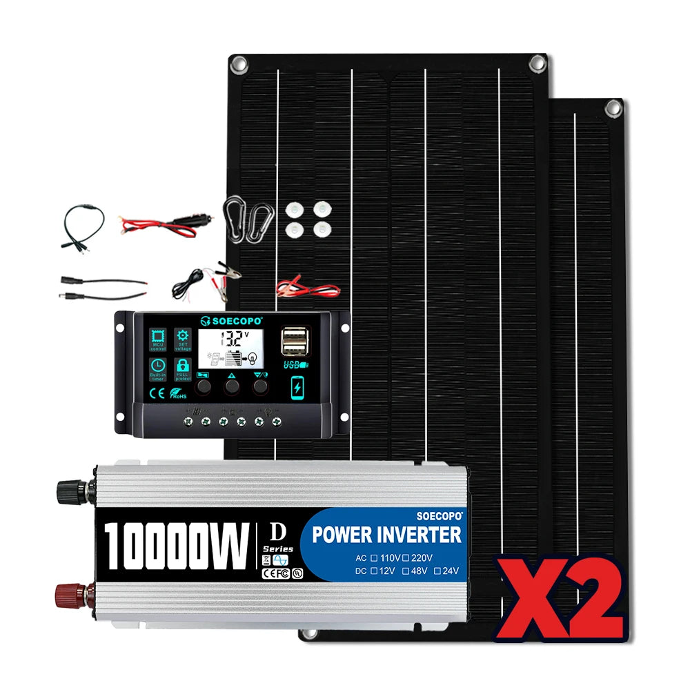 SOECOPO 10000W Solar Power Full Kit DC 12V - AC 110V 220V Inverter 100A Controller 2*600W Panels for Home System Camping
