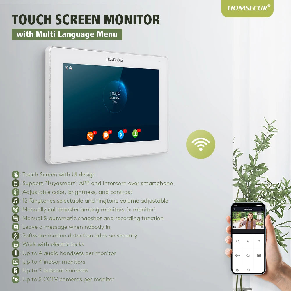 BA22D-W 4 Wire 7" Touch Screen Monitor Motion Detection For HOMSECUR Tuya Smart WIFI Video Doorphone 1080P FHD