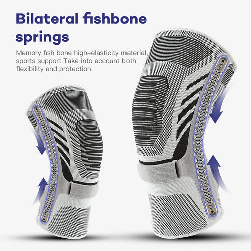 Black and white orthopedic knee brace with spring stabilizers for pain relief and joint support.