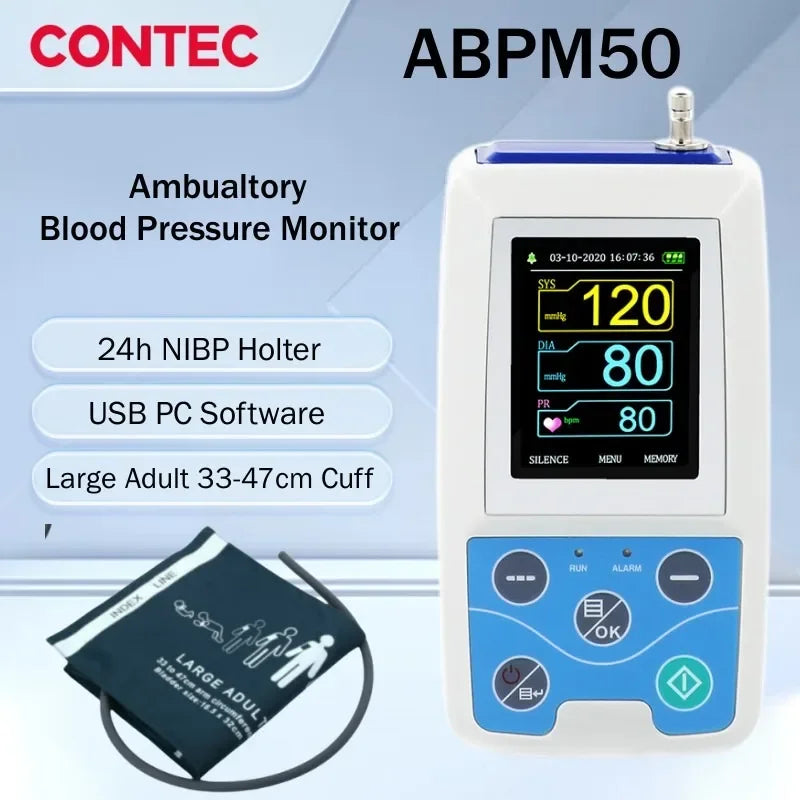CONTEC ABPM50 24 Hours NIBP Holter Dynamic Upper Arm Digital Blood Pressure Monitor PC Software, Large Adult or Adult Cuff