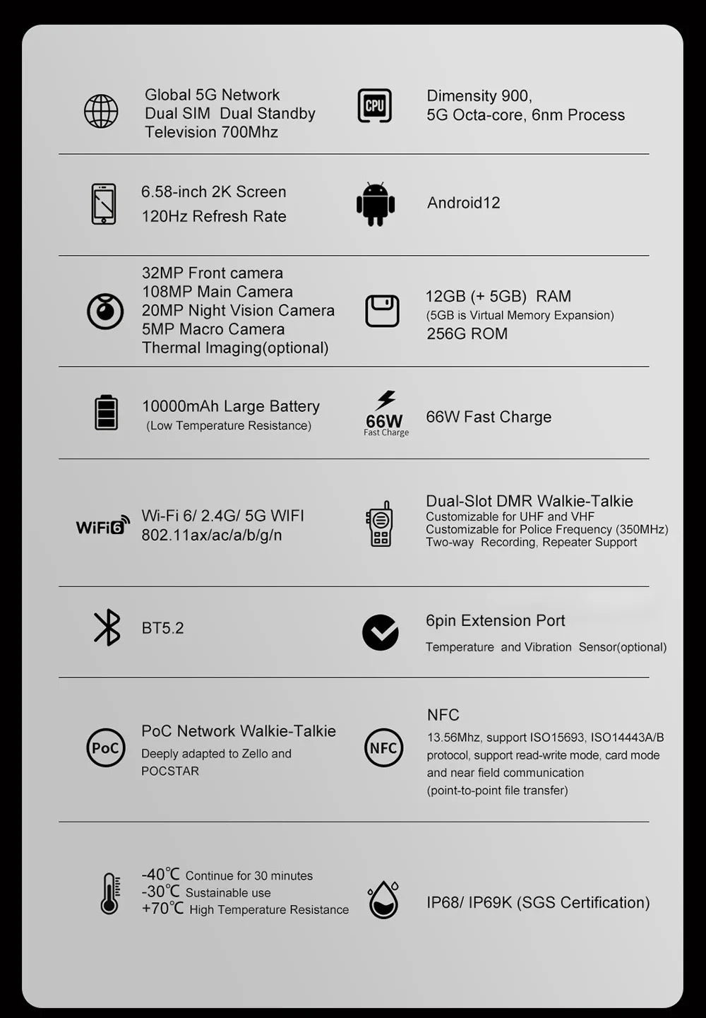 CONQUEST 5G Smartphone Network108MP Camera 12GB 512GB 66W Thermal Imaging  IP68 Waterproof NFC