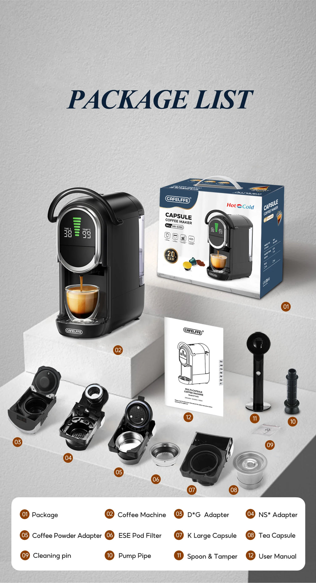 Cafelffe 20-bar black capsule coffee maker with multi-capsule adapters, accessories, and packaging box.