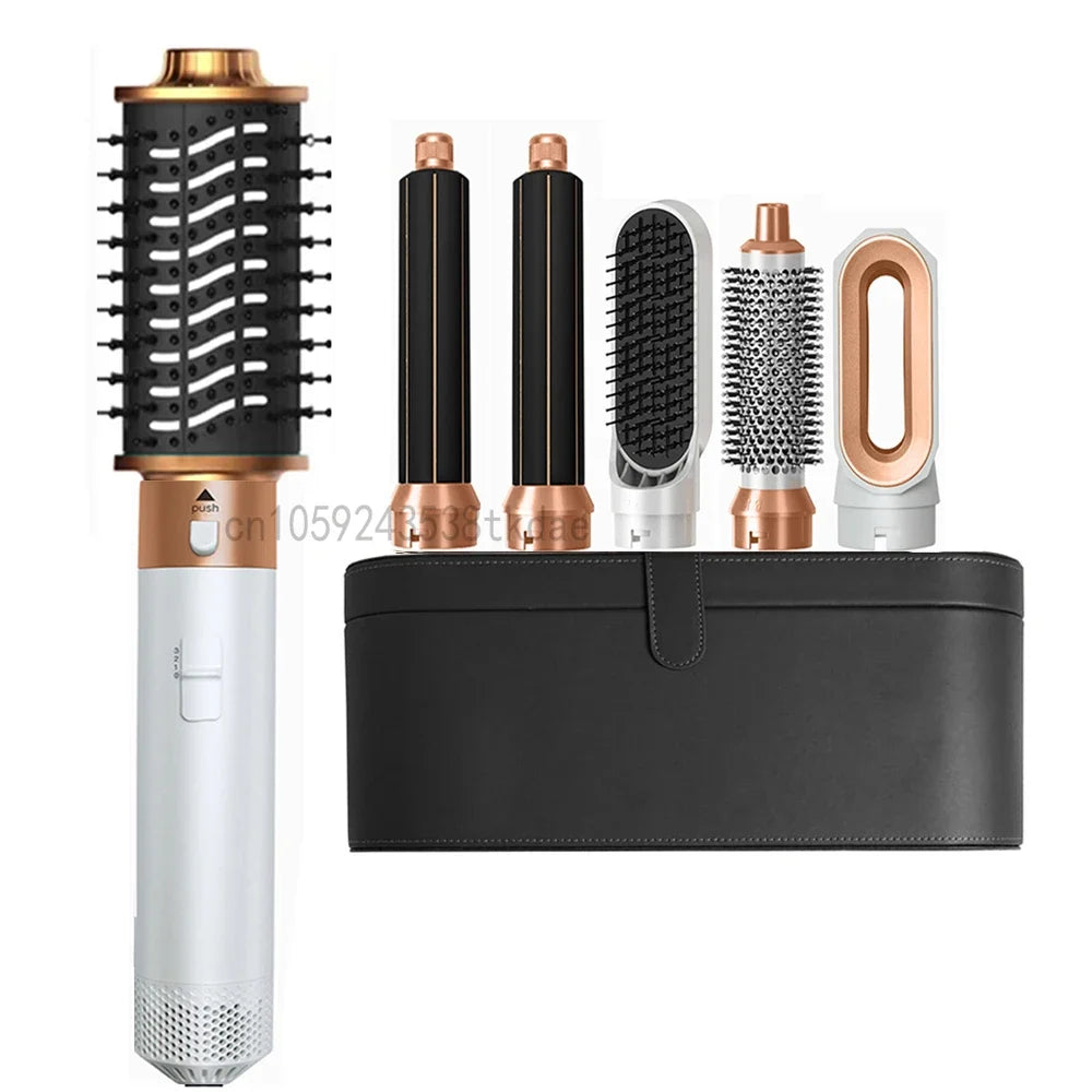6-in-1 rose gold and white hair dryer brush set with curling iron, straightener attachments, and leather storage case.