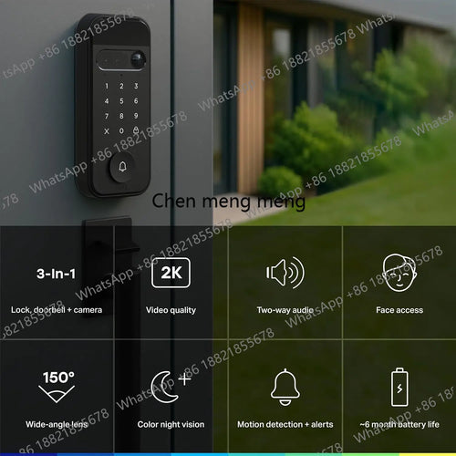 Black 3-in-1 door lock keypad shown with video, two-way audio, and face access icons