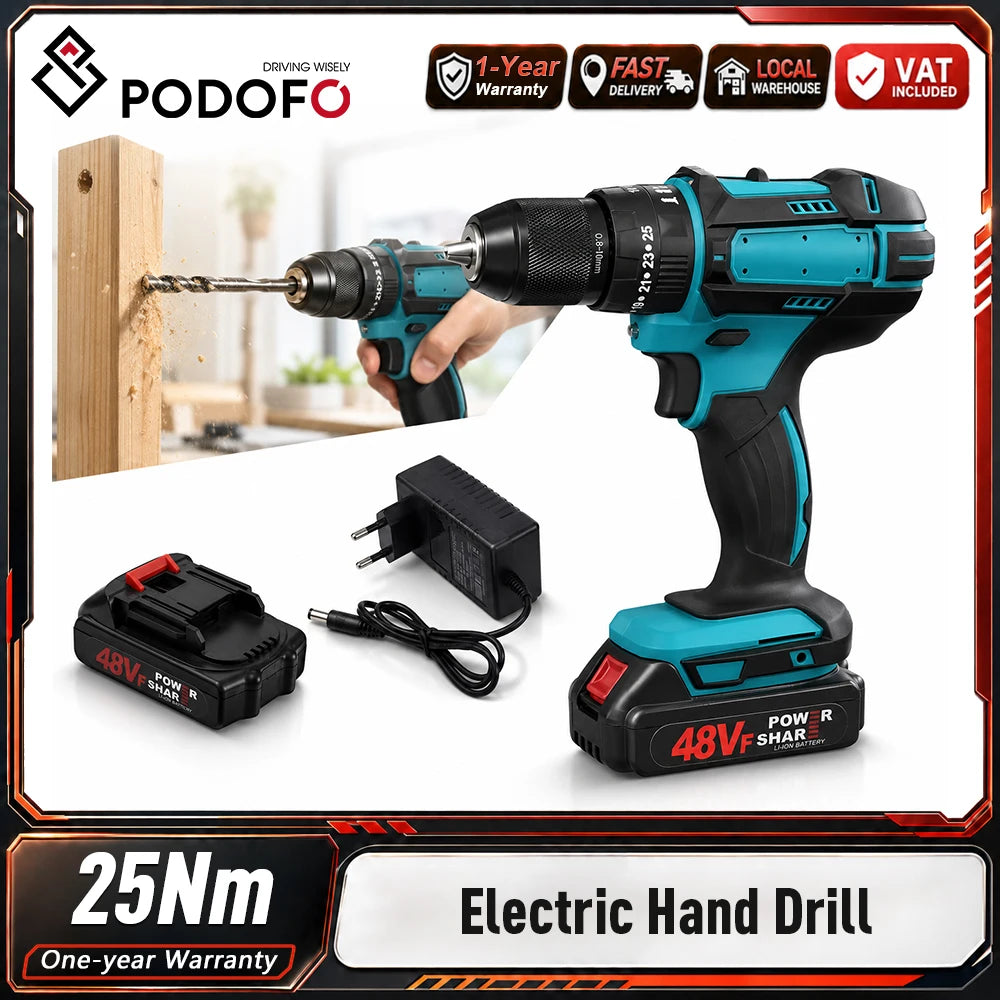 Podofo 10mm Cordless Impact Hammer Drill Drill Driver Stepless Speed High Torque Handheld Rechargeable Power Drill For Wood Metal Drilling Screw Driving Home Repair Power Tool