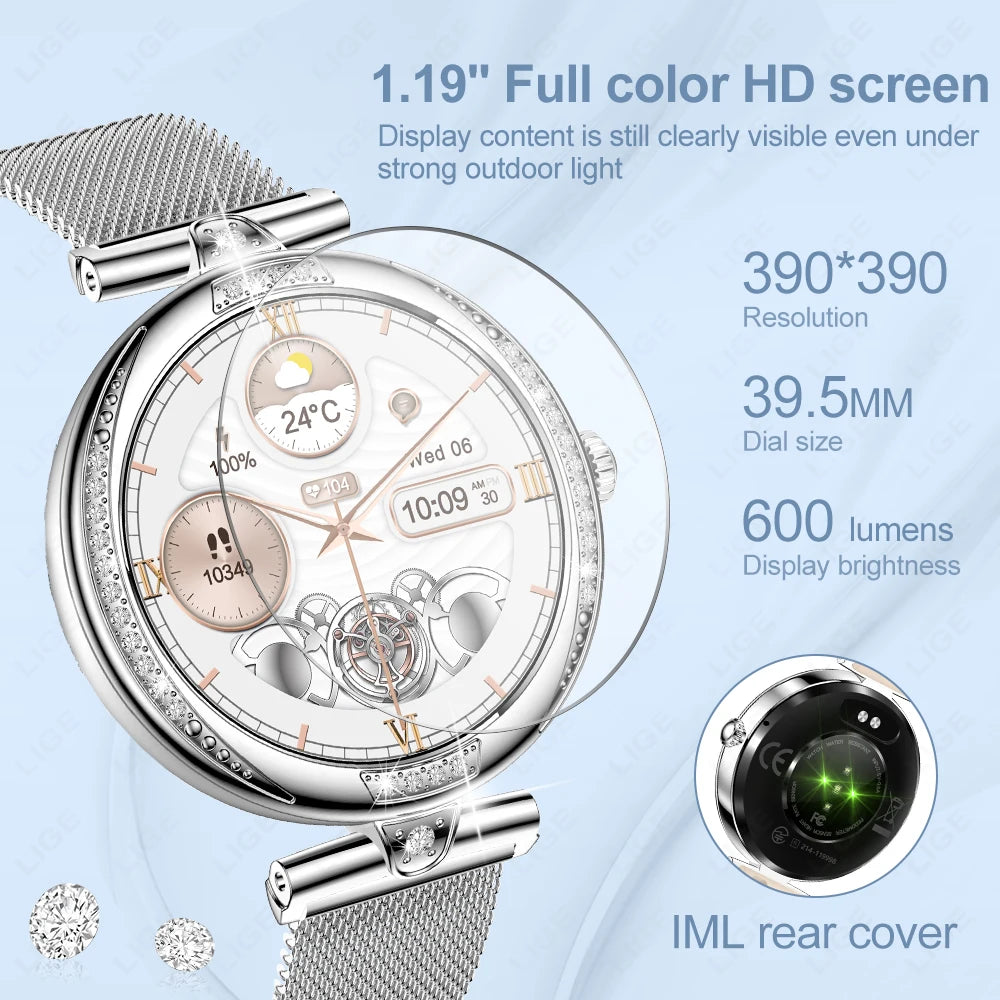 LIGE New Women Watch 1.19" 390*390 AMOLED Display Heart Rate Blood Oxygen Monitoring Bluetooth Call Fashion Diamond Smartwatch
