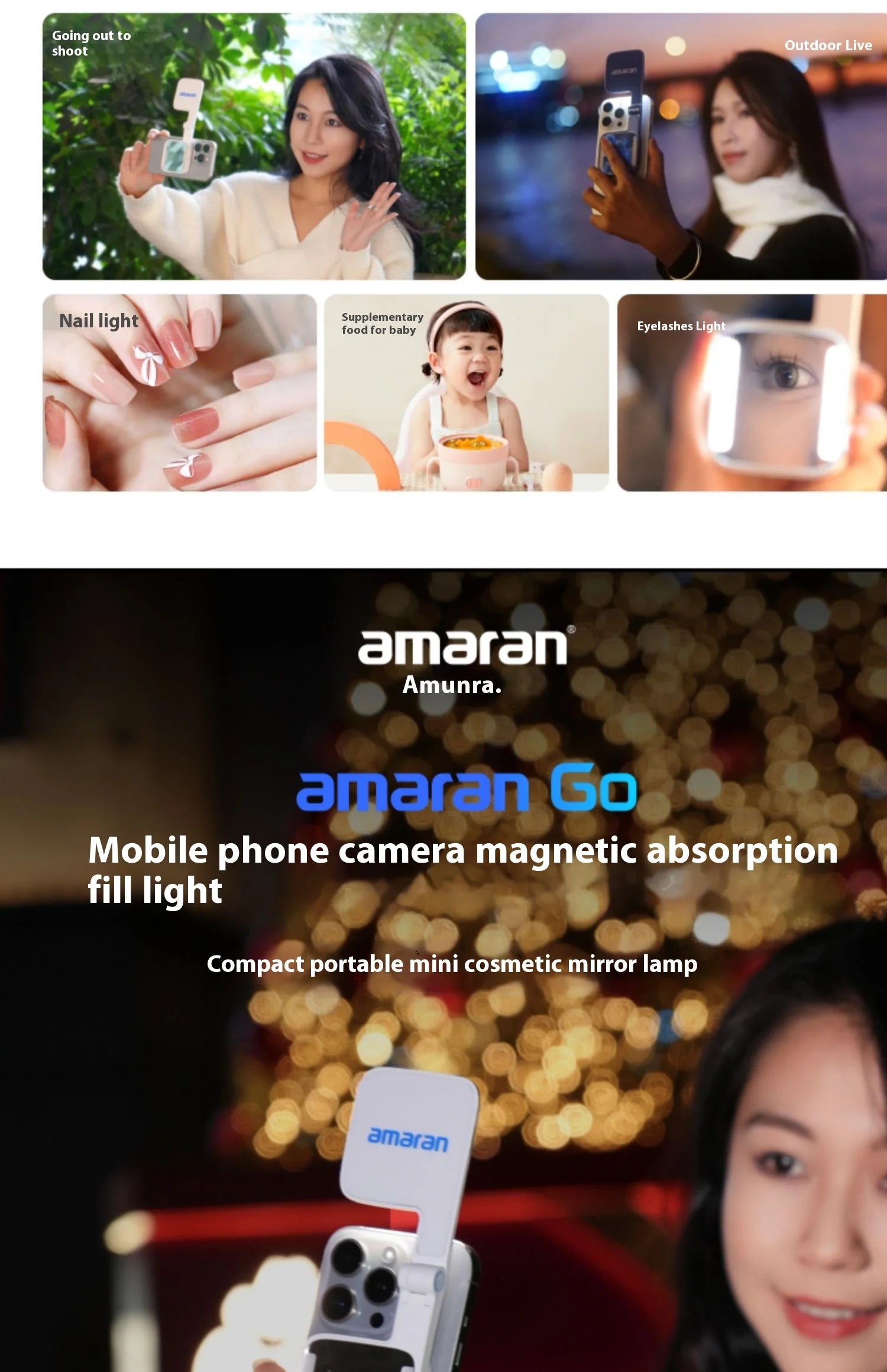 White magnetic LED fill light and compact mirror attachment for mobile phones, used for vlogging and vanity lighting.