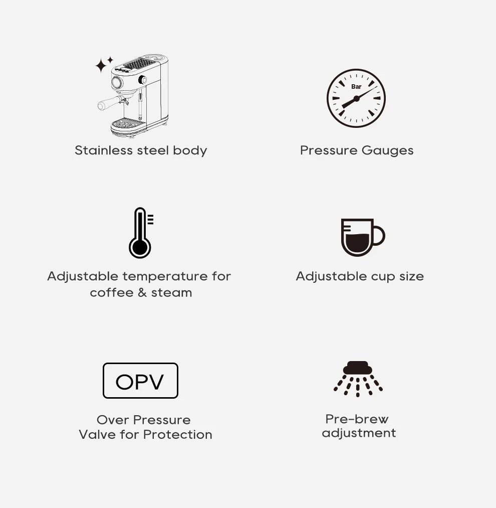 Stainless steel espresso machine features: pressure gauge, adjustable temp, cup size, OPV protection, and pre-brew.