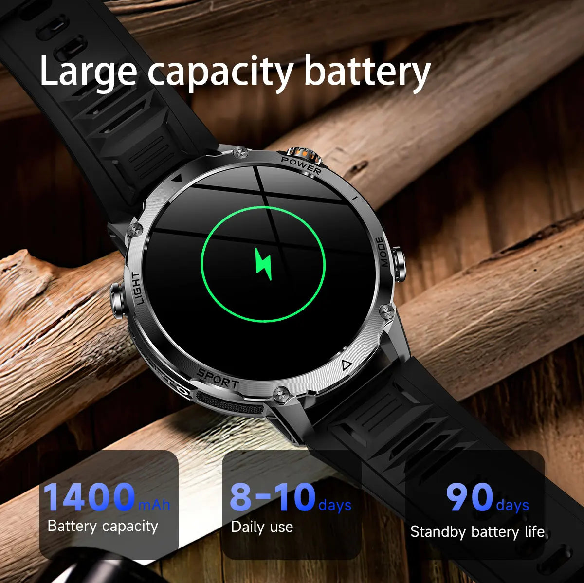 New Military ULtra 1400mAh Huge Battery SmartWatch Two Flashlight 10ATMan Waterproof HD Call 1.73“ 100+Sports Smart watch Man