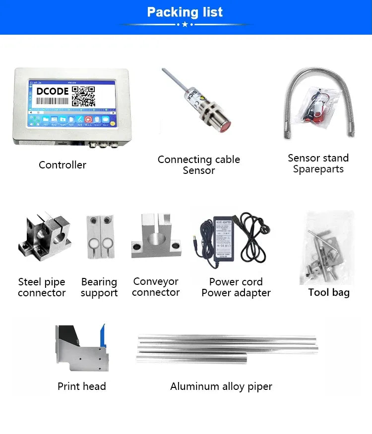 Thermal inkjet printer packing list: controller, sensor, cables, power adapter, tool bag
