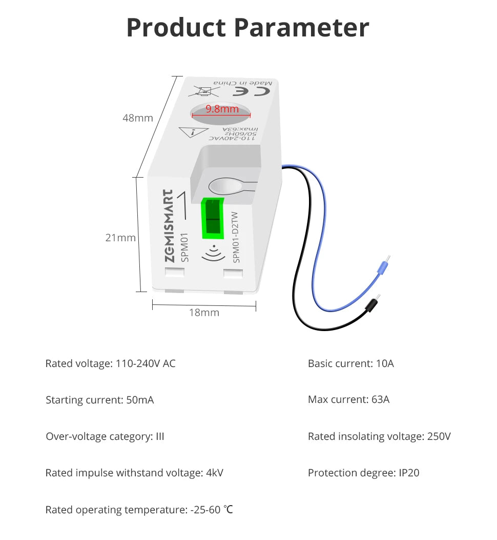 Zemismart Smart Energy Meter Zigbee Monitor Electric Sensor Measure Work with Tuya App Supports Home Assistant via Zigbee2MQTT