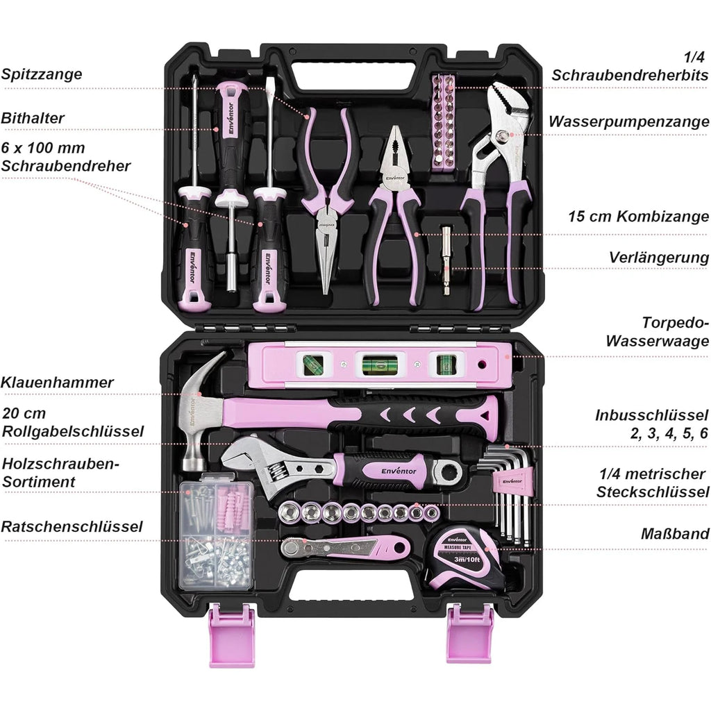 ENVENTOR Small Tool Case for Women, Household Tool Set, Tool Box Pink, Universal Complete with Tools Hand Tool, Tool Kit Fitted 158-Pcs, for Household DIY