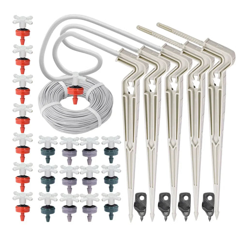 4-way drip irrigation kit with white hose, arrow stakes, and red/green/white emitters