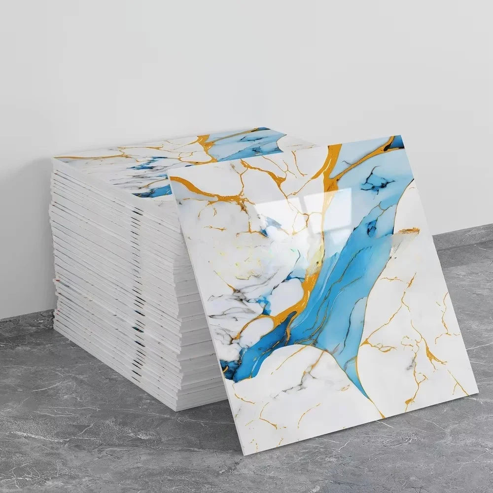Peel-and-stick marble backsplash panel, white with blue and gold veining