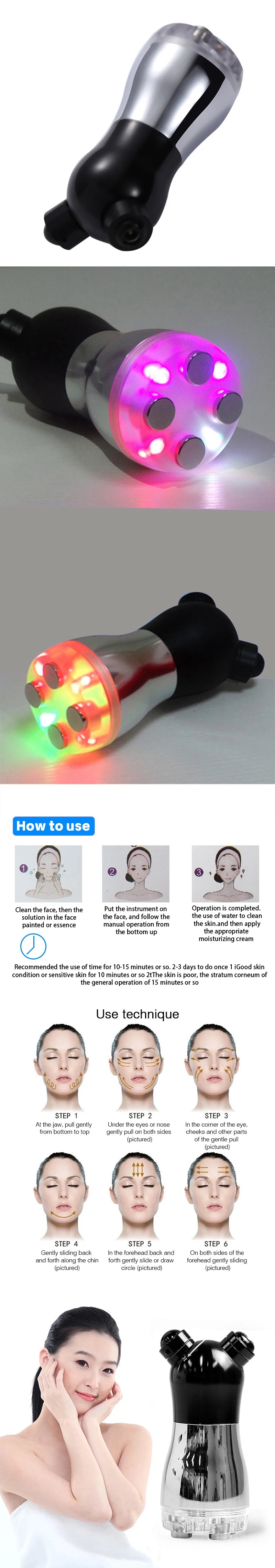 Handheld facial skin tightening massager with four metal probes, emitting red and green LED lights for anti-aging care.