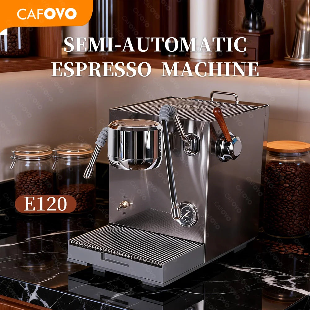 CAFOVO E120 semi-automatic espresso machine in stainless steel with a steam wand and pressure gauge on marble counter.