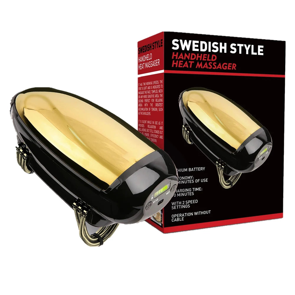 Black and gold handheld heat massager with two nodes, shown with its branded retail box.