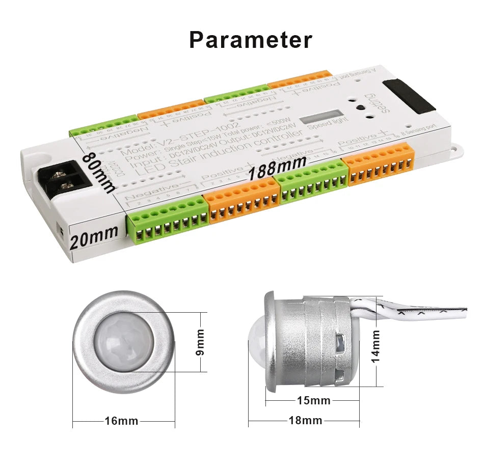 V2 PIR Motion Sensor Stair Light Controller 32 Channels LED Stair Controller For Stairway Dim LED Strip Lighting DC12V 24V