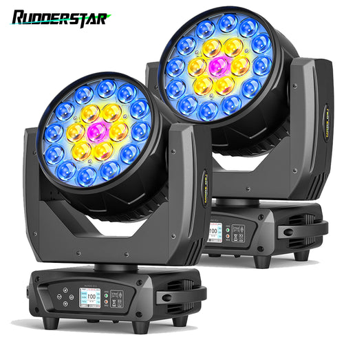 Black moving head LED stage light pair with multi-color blue lens and rotating fixture bodies