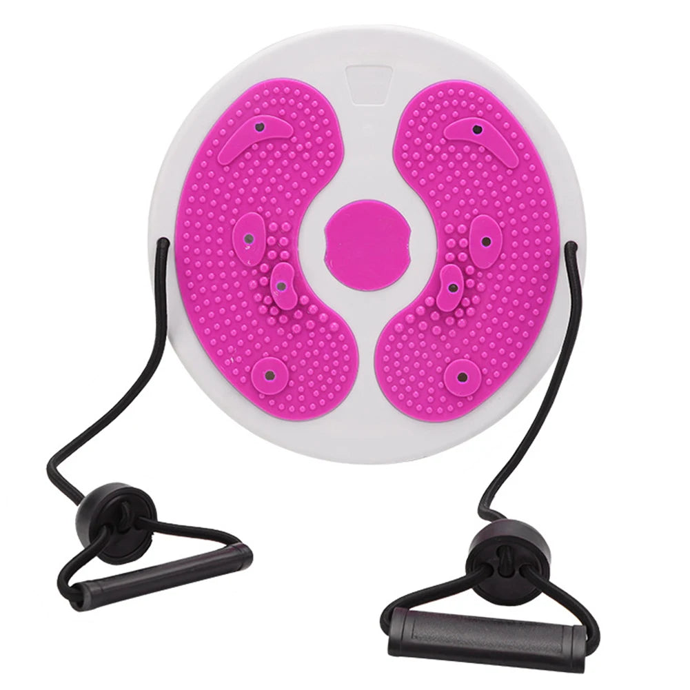 White and pink plastic waist twisting disc with textured foot pads, magnetic points, and two black exercise handles.