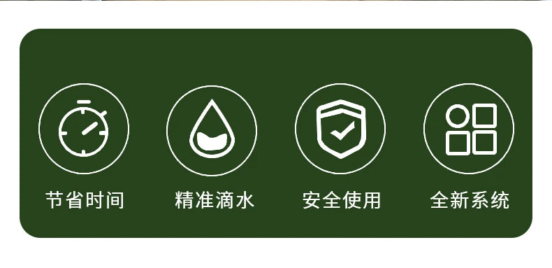 Drip irrigation kit feature icons: timer, precise watering, safety, new system
