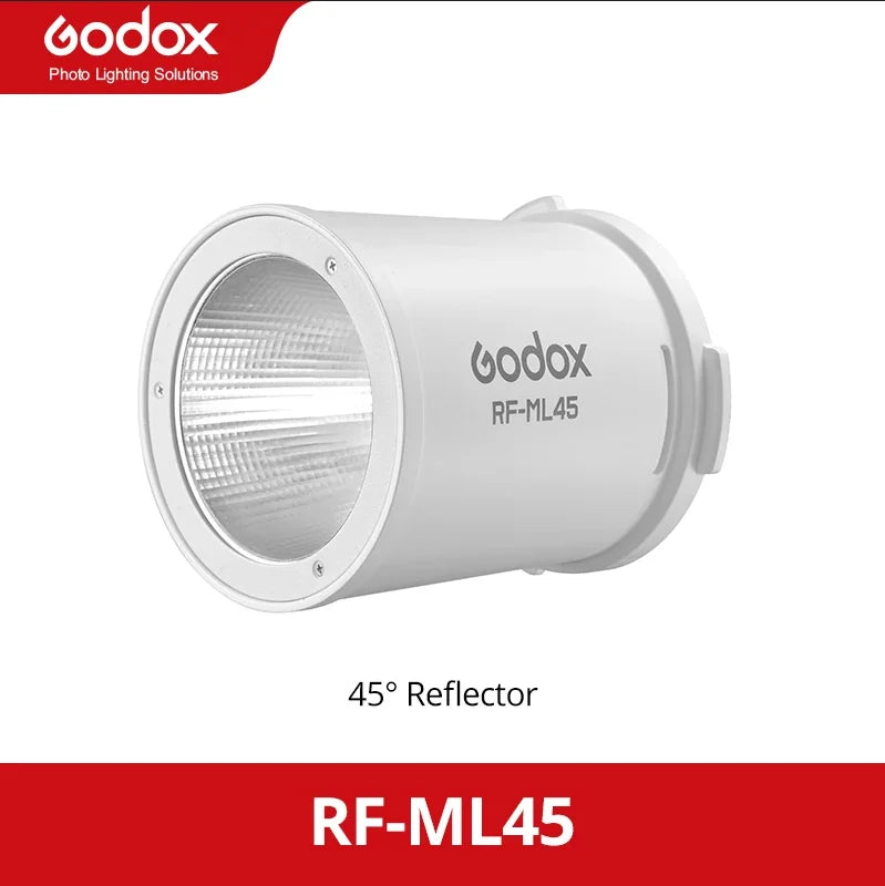 White 45-degree reflector with a silver interior for studio lighting, featuring a cylindrical shape and mount.