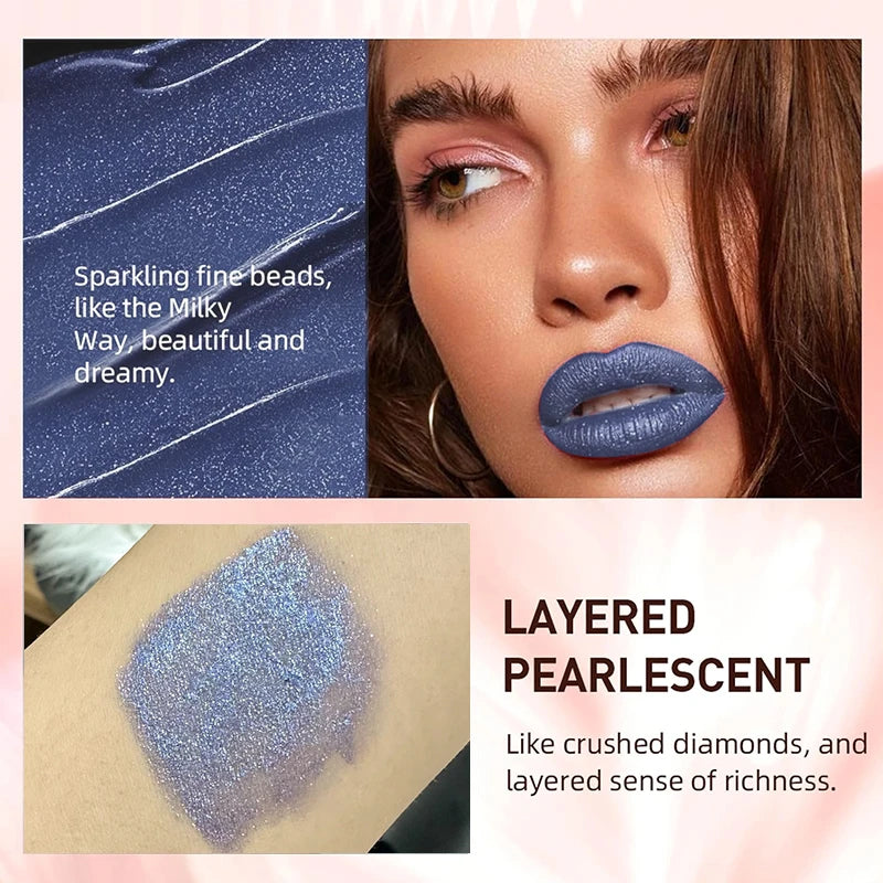 Blue diamond shimmer liquid lipstick with pearlescent glitter texture, shown on lips and skin swatch. Waterproof makeup.