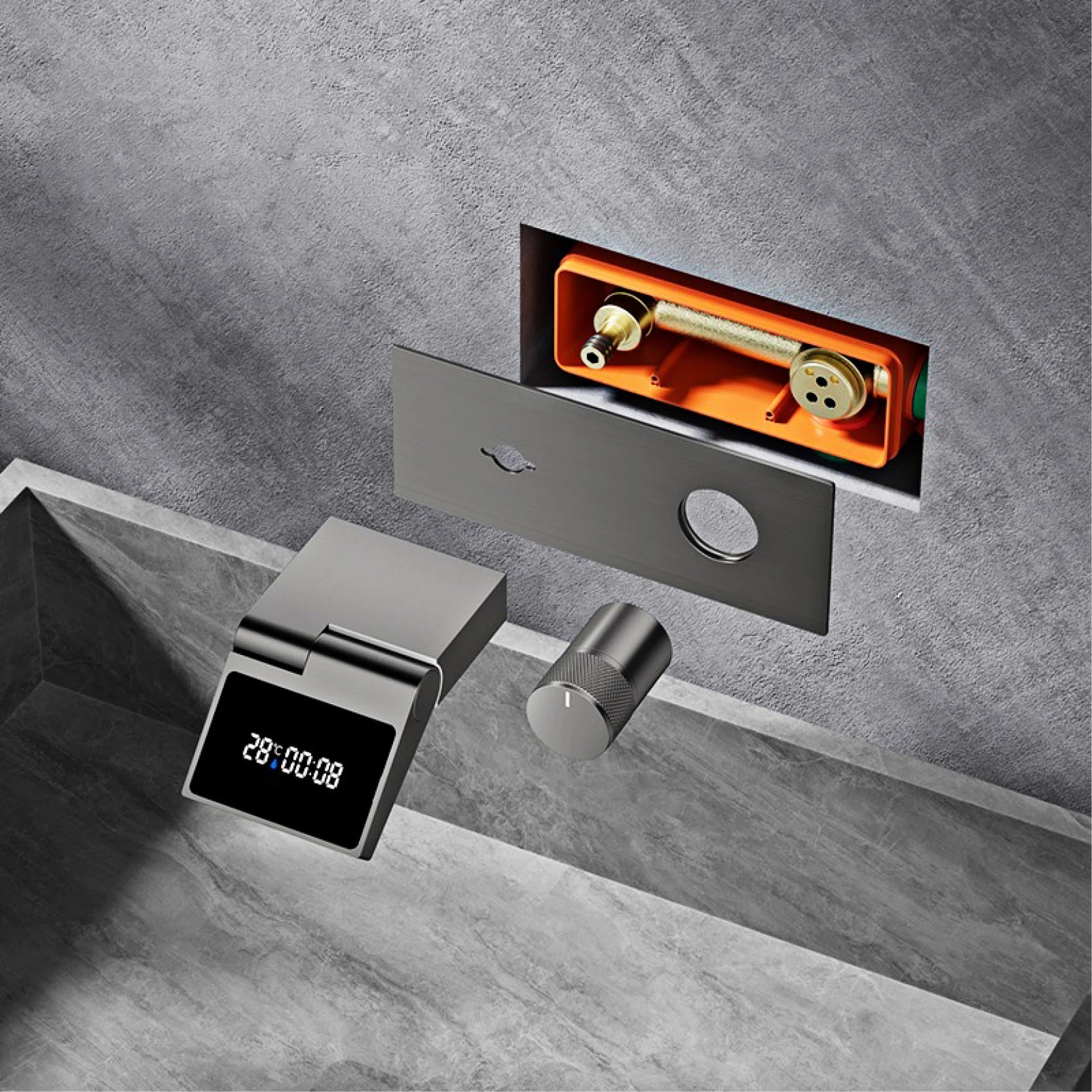 Luxury Gun Gray Brass Wall Mounted Bathroom Faucet with LED Digital Display Single Handle Hot & Cold Water Embedded Bathroom Tap