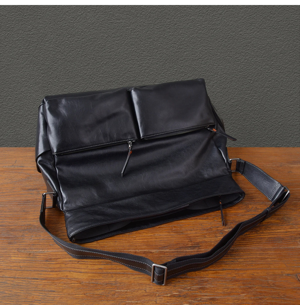 Retro Designer Men New Black Cowskin Genuine Leather Travel Bag Big Capacity Casual Tote Handbag Single Shoulder Crossbody Bag