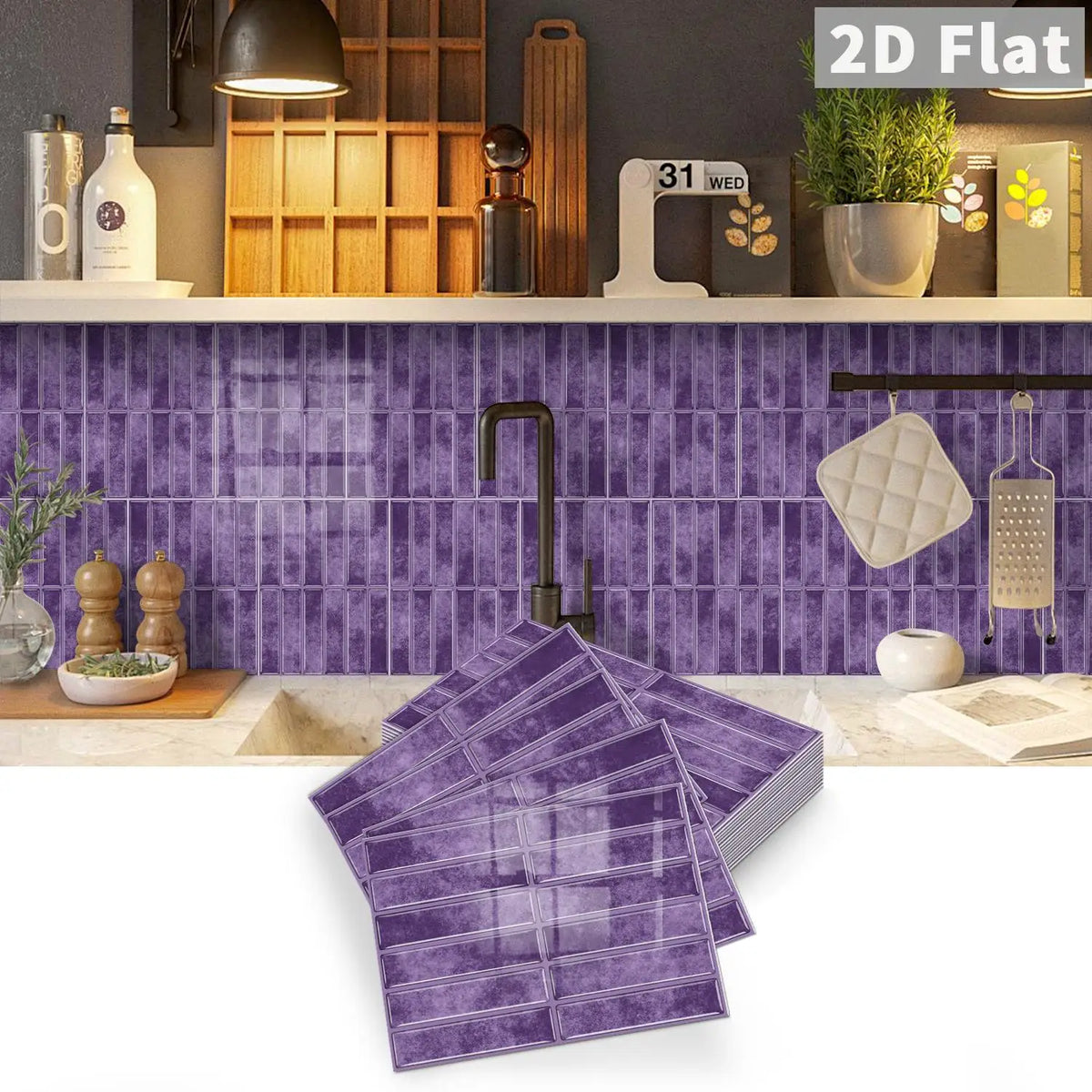 Self-adhesive purple tile decal stickers with rectangular grid, peel-and-stick sheets