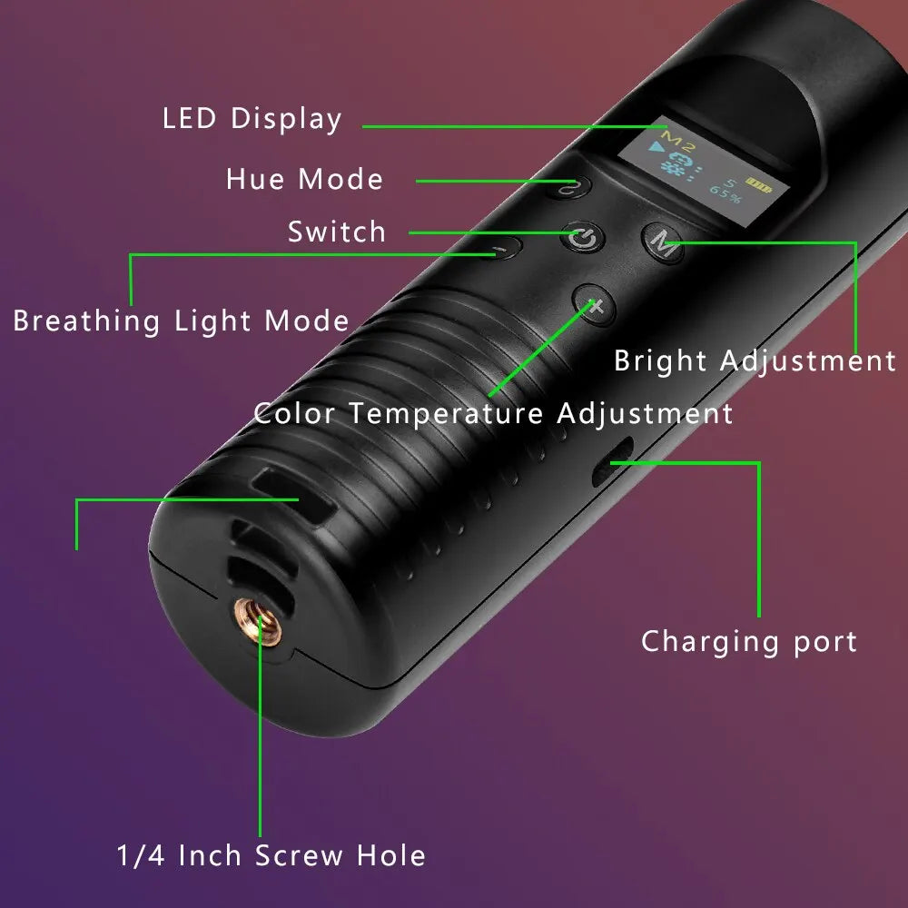 Black cylindrical handheld LED light wand with digital display, control buttons, and a 1/4-inch tripod screw mount.