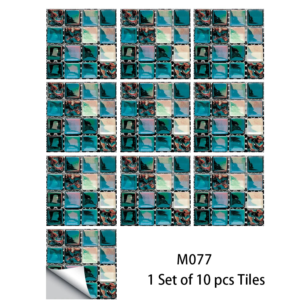 10pcs Flat Mosaic Style Tiles Sticker Kitchen Bathroom Waterproof & Oilproof Art Wall Sticker Peel & Stick Surface Glossy Film