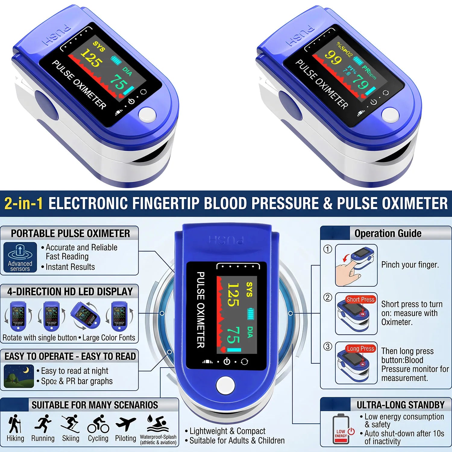 2 in 1 Digital Fingertip Pulse Oximeter & Blood Pressure Monitor Household OLED Screen Blood Oxygen Pressure Meter For Home Use