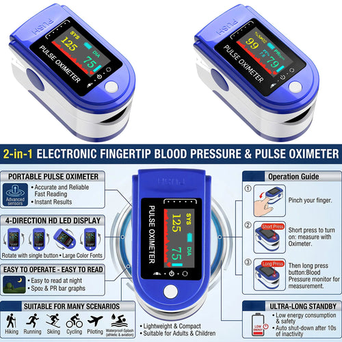 Blue fingertip blood pressure monitor and pulse oximeter with clear digital display for accurate health wellness tracking.