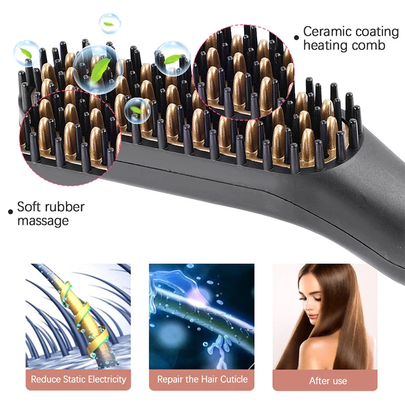 Black mini beard and hair straightening comb with ceramic heated bristles and soft rubber massage tips for styling.