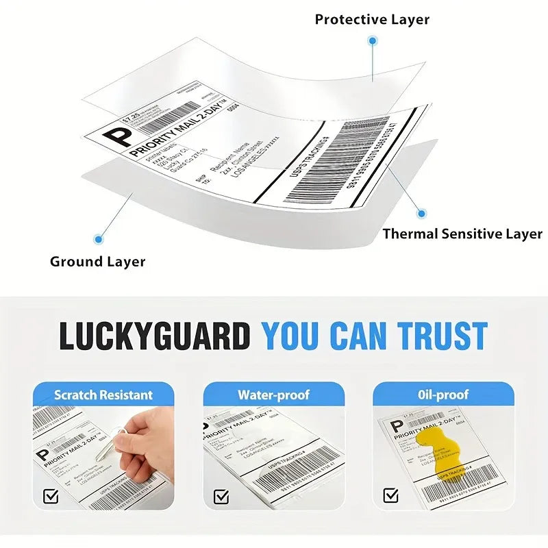 Thermal label layer diagram showing protective, ground, and thermal sensitive layers.