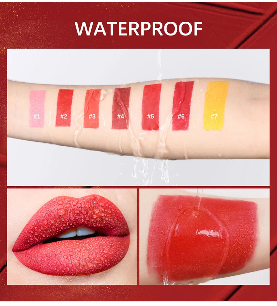 Waterproof glitter shimmer lipstick swatches in multiple vibrant shades on arm and lips for long-lasting lip makeup.