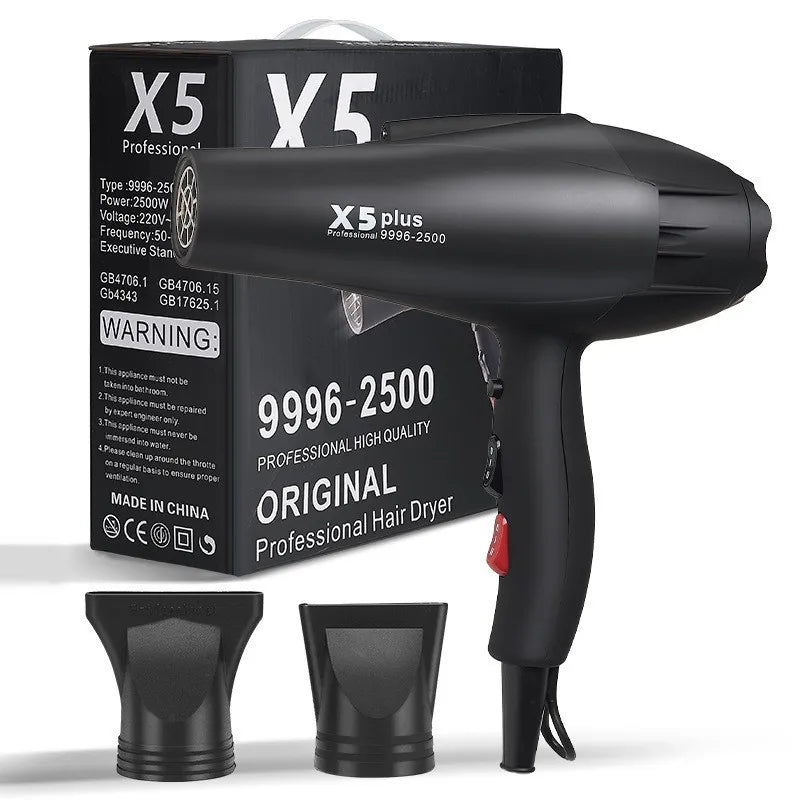 RESUXI X5 2500W black professional ionic hair dryer with two styling concentrator nozzles and retail box.
