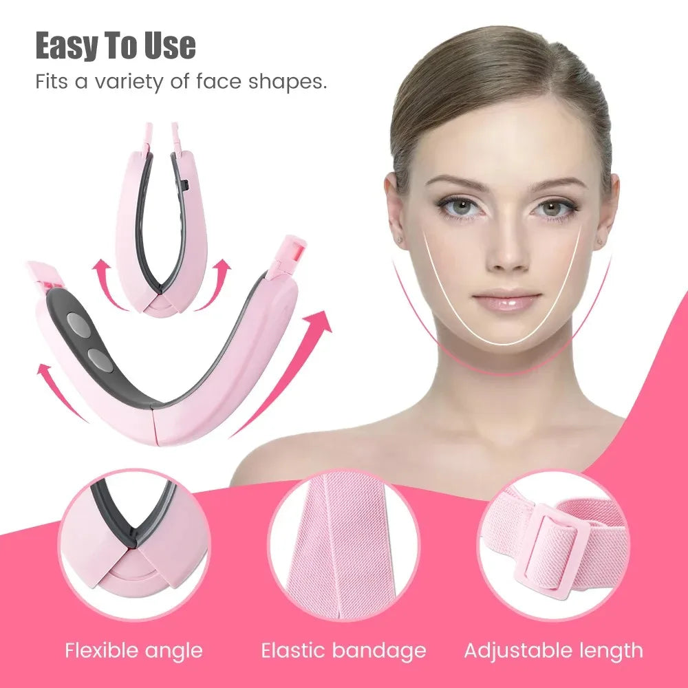 Pink electric V-face lifting device with adjustable flexible hinges, elastic bandage, and an ergonomic U-shaped design.