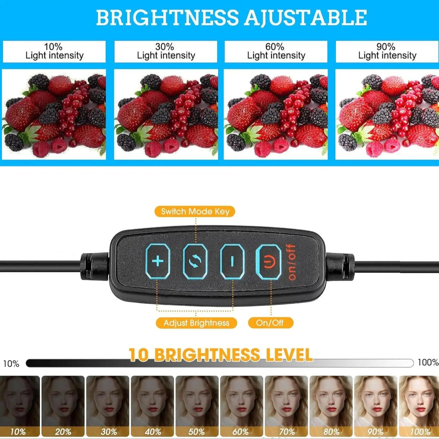 Black inline LED remote controller with four buttons to adjust light intensity and switch modes across ten brightness